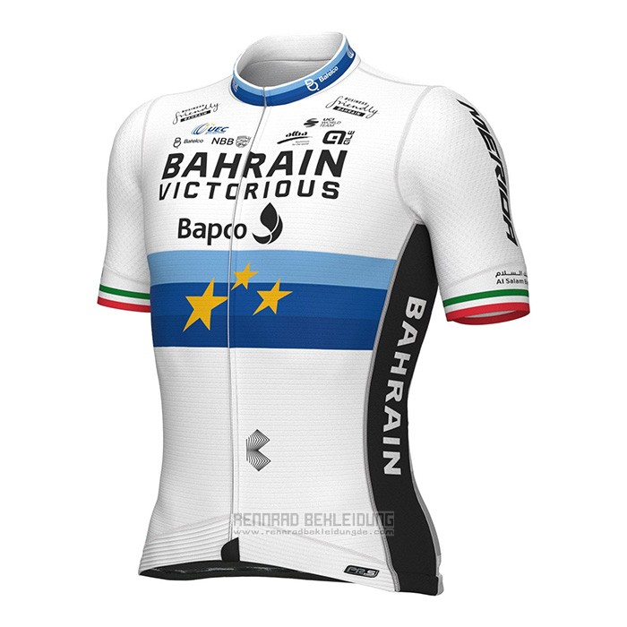 2022 Fahrradbekleidung European Champion Bahrain Victorious Blau Wei Trikot Kurzarm und Tragerhose - zum Schließen ins Bild klicken